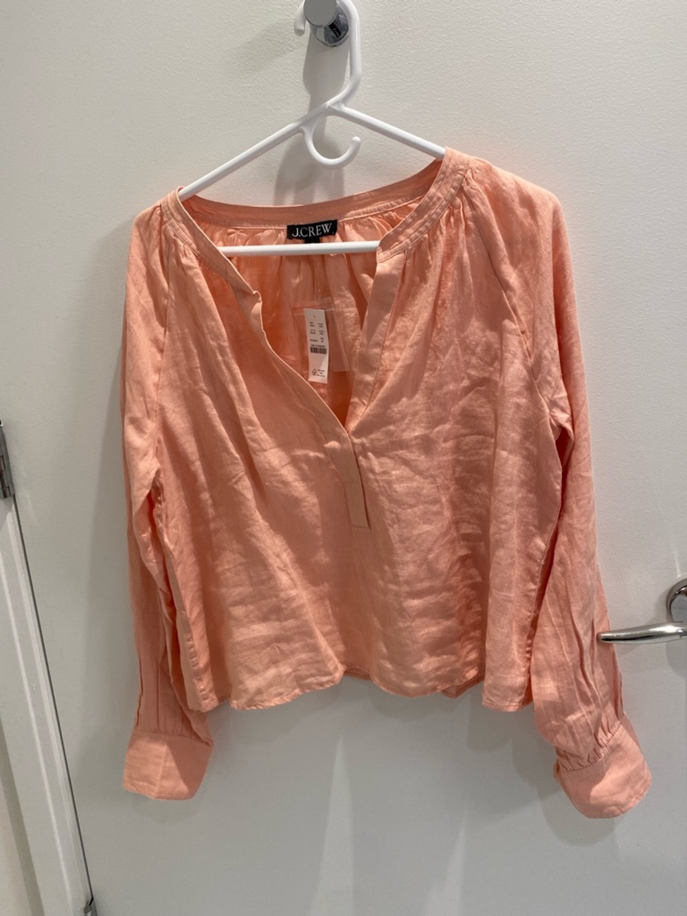 J.Crew peach linen popover blouse, size M, NWT, never worn.